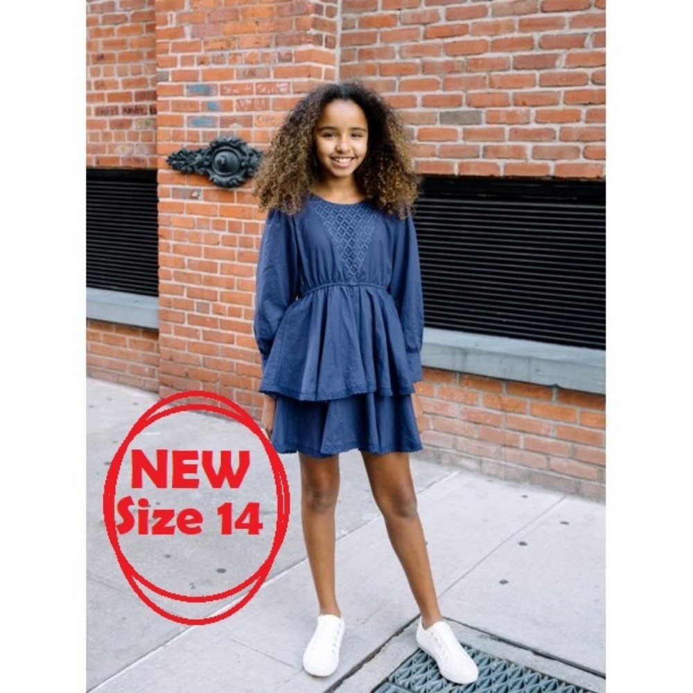 New Girl's Size Large 14 long sleeve Dress outfit Navy Dark Blue Cottagecore